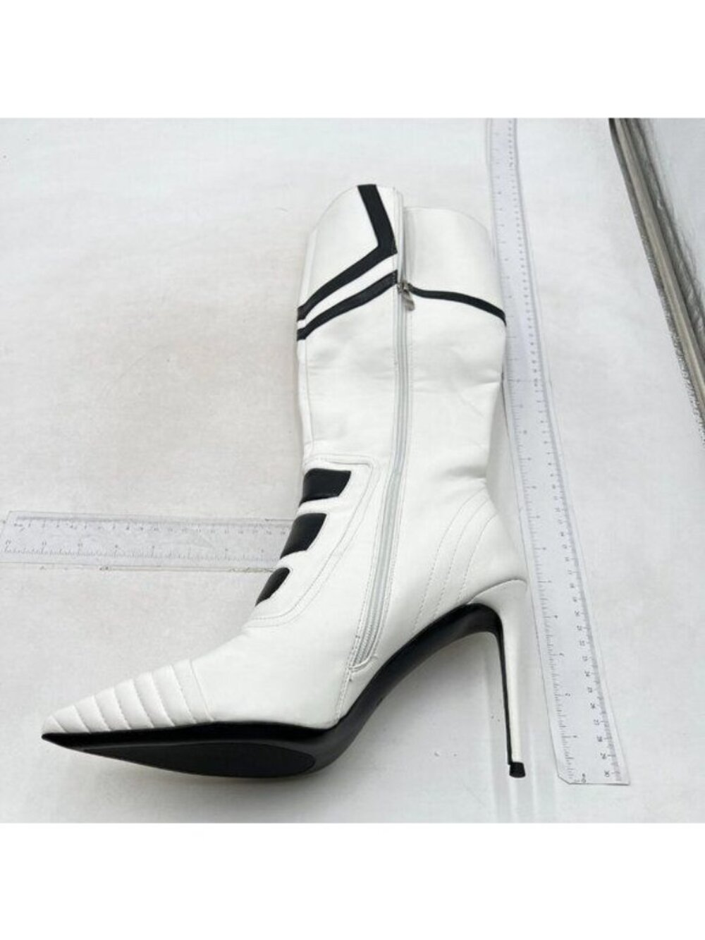 FSJ Multicolor Patchwork Pointed Toe High Heel Fashion Boots for Women White